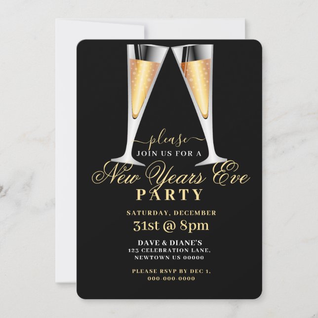 GULD & BLACK, CHAMPAGNE FLUTES, NYA ÅR PARTY INBJUDNINGAR (Framsida)