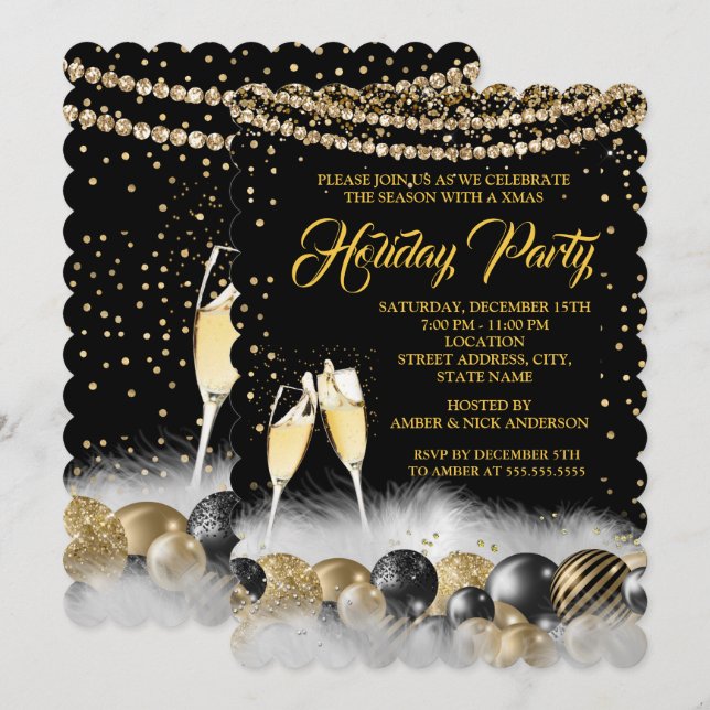 Guld Black Champagne Helgdag jul Party 2 Inbjudningar (Fram/baksida)