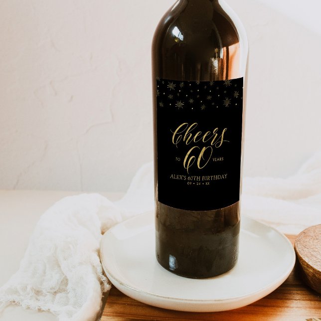 Guld & Black Cheers 60:e Födelsedagsfesten Vinflaska Etikett (Skapare uppladdad)