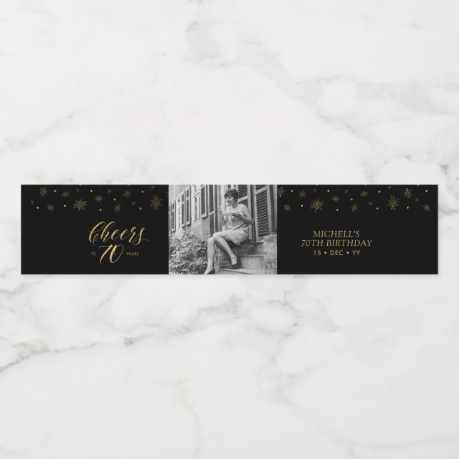 Guld & Black Cheers 70 år, 70:e Födelsedagsfesten Vattenflaska Etikett (Singel etikett)