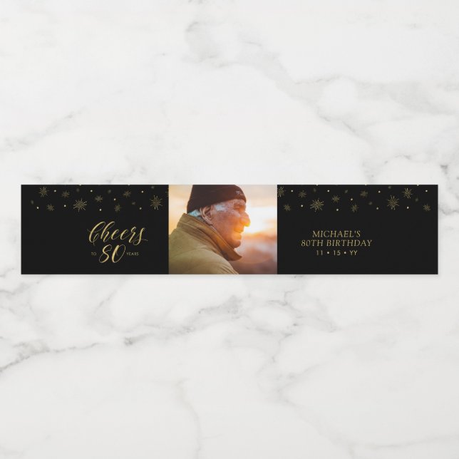 Guld & Black Cheers 80 år, 80:e Födelsedagsfesten Vattenflaska Etikett (Singel etikett)