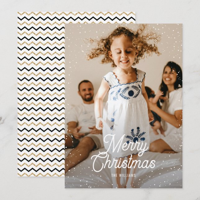Guld Black Chevron Snö-familjens fotopul Julkort (Fram/baksida)