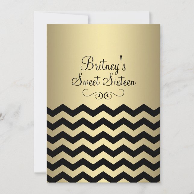 Guld & Black Chevron Sweet 16 Birthday Inbjudan (Framsida)