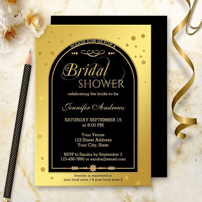 Guld Black Chic Confetti Möhippa Inbjudningar (A bridal shower invitation in black and gold with sparkling confetti. )