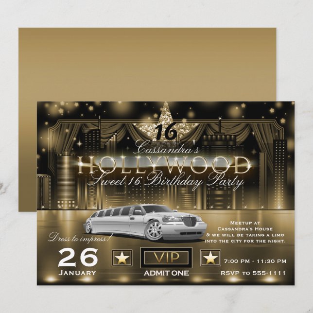 Guld Black City Night Ljus Limo Hollywood Party Inbjudningar (Fram/baksida)
