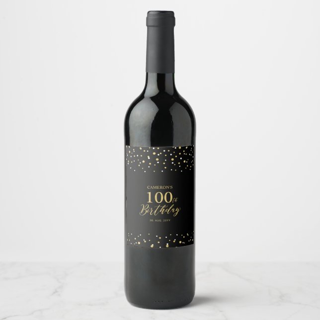 Guld & Black Confetti 100:e Födelsedagsfesten Vinflaska Etikett (Framsida)