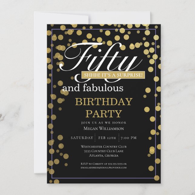 Guld Black Confetti 50 och Fabulous Birthday Inbjudningar (Framsida)