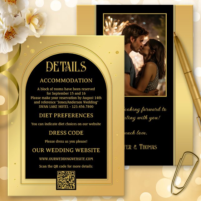 Guld Black Confetti Glitter Bröllop Tilläggskort (wedding enclosure card in gold and black with sparkling confetti glitters - with QR code and photo)