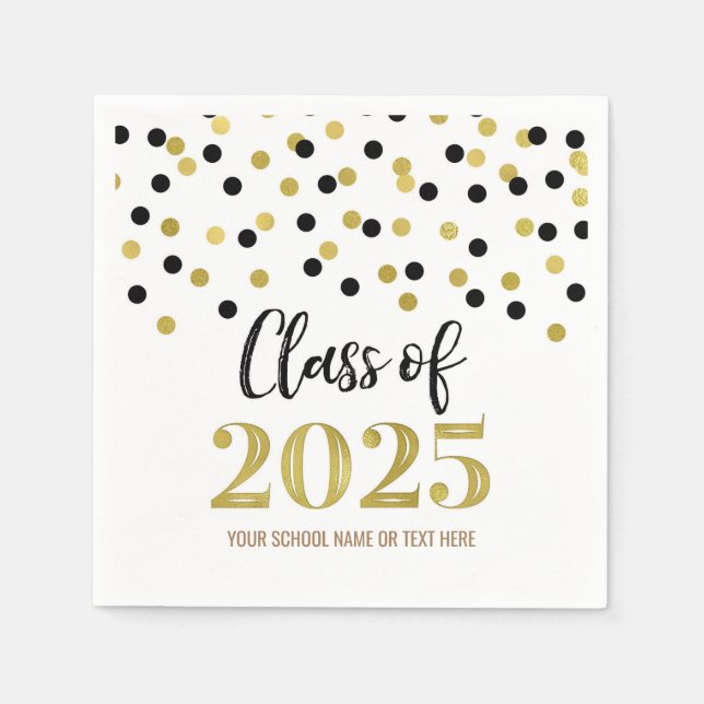 Guld Black Confetti klass 2025 Napkins Pappersservett (Framsidan)