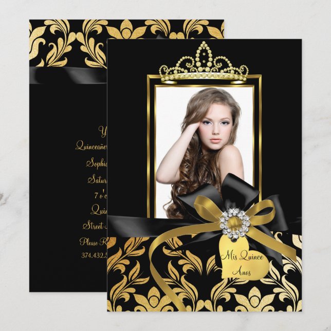 Guld Black Damask Bow Photo Quinceanera Inbjudan (Fram/baksida)