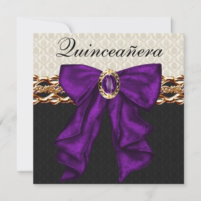 Guld Black Damask Lila Quinceanera Inbjudningar (Framsida)