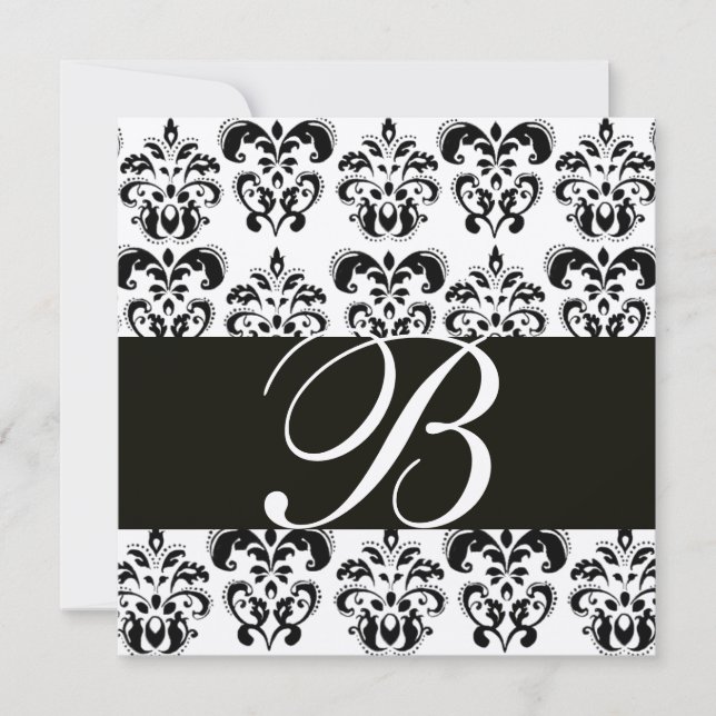GULD & BLACK DAMASK MONOGRAM, vit Inbjudningar (Framsida)