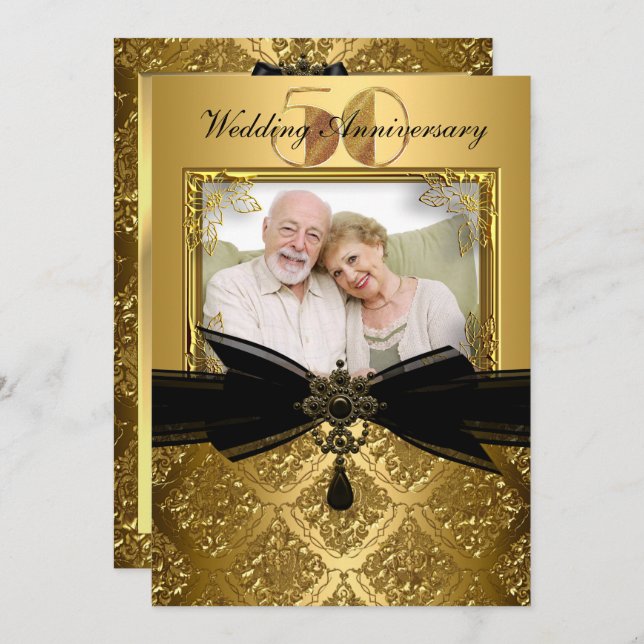Guld Black Damask Photo 50-årsdagen Inbjudan (Fram/baksida)