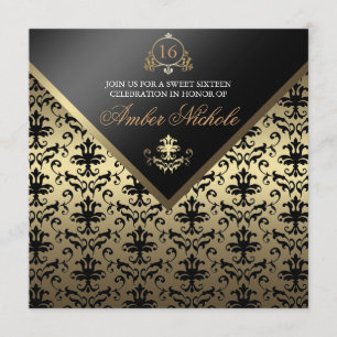 Guld & Black Damask Sweet 16 Inbjudan
