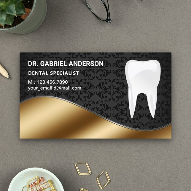 Guld Black Damask Tooth Dental Clinist Visitkort (Skapare uppladdad)