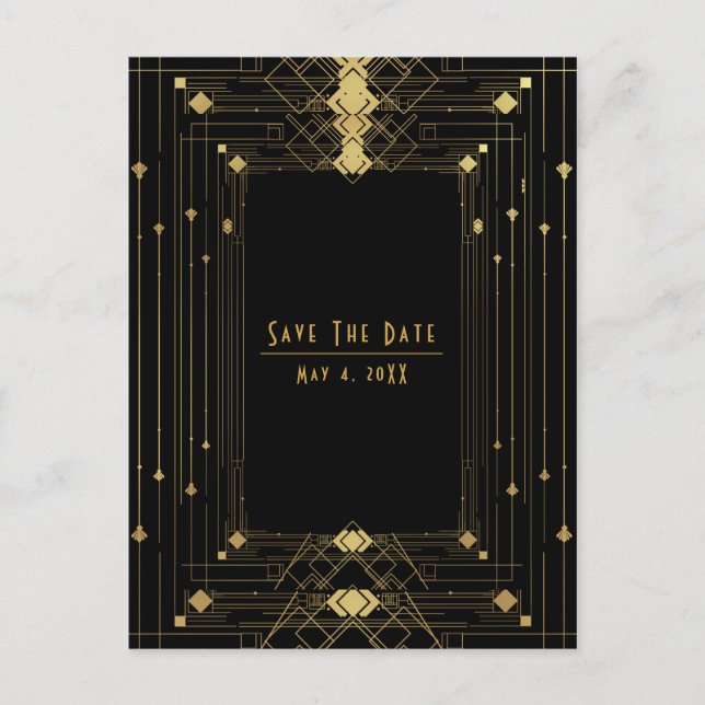 Guld Black Deco Gatsby Roaring 20's Save the Date Meddelande Vykort (Framsida)