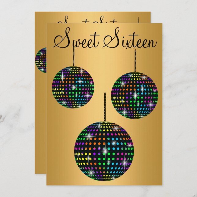 GULD BLACK DISCOBALL SWEET SIXTEEN PARTY INBJUDNINGAR (Fram/baksida)