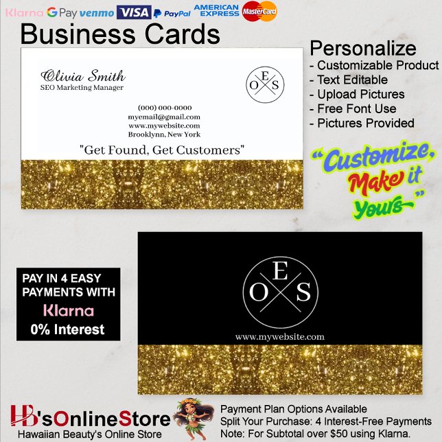Guld Black Elegant Affärskort 17 med mall Visitkort (Gold Black Elegant Business Card with Template 17.)