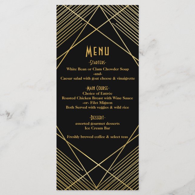 Guld & Black Elegant Modern Glam Deco Bröllop Menu Meny (Framsida)
