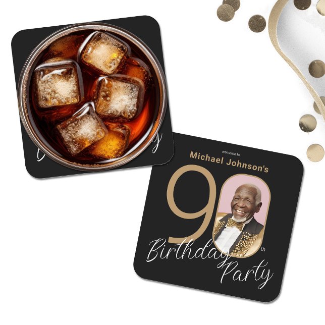 Guld Black Elegant Photo 90:e Födelsedagsfest Underlägg Papper Kvadrat (90th Birthday Gold Black Elegant Custom Photo Square Paper Coaster)