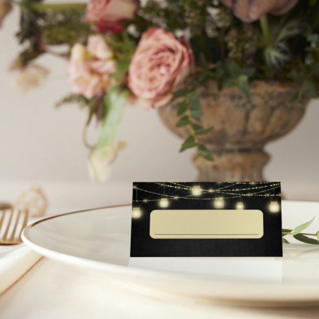 Guld Black Elegant Script Food Label Tält Placeringskort (Skapare uppladdad)