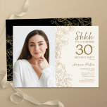 Guld Black Elegant Surprise Photo 30års födelsedag Inbjudningar<br><div class="desc">Blommigt guld kräm och svart överraskning 30års födelsedag-inbjudan med ditt foto på kortets framsida. Elegantens moderna utformning med botaniska konturaccenter för teckning och typsnitt för typgrafiska skript. Enkel inbjudan-kortsperfekt för trendig för en snyggt kvinna på dagen firande. Kan anpassas till vilken ålder som helst. Skrivna Zazzle-inbjudningar eller digital utskrivbar mall...</div>