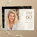 Guld Black Elegant Surprise Photo 60:e födelsedage Inbjudningar<br><div class="desc">Blommigt guld kräm och svart överraskning 60 födelsedagsfest inbjudan med ditt foto på kortets framsida. Elegantens moderna utformning med botaniska konturaccenter för teckning och typsnitt för typgrafiska skript. Enkel inbjudan-kortsperfekt för trendig för en snyggt kvinna på dagen firande. Kan anpassas till vilken ålder som helst. Skrivna Zazzle-inbjudningar eller digital utskrivbar...</div>