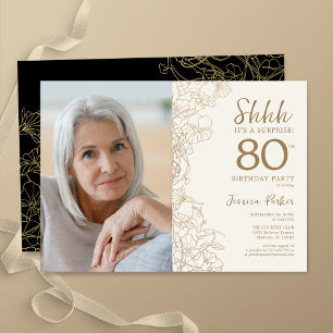 Guld Black Elegant Surprise Photo 80 Birthday Inbjudningar