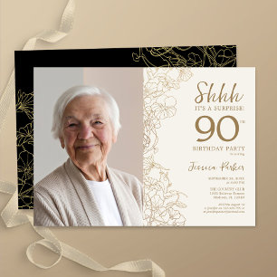 Guld Black Elegant Surprise Photo 90:e Birthday Inbjudningar