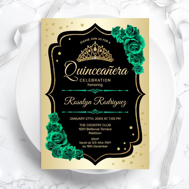 Guld Black Emerald Grönt Elegant Quinceanera Inbjudningar (Skapare uppladdad)