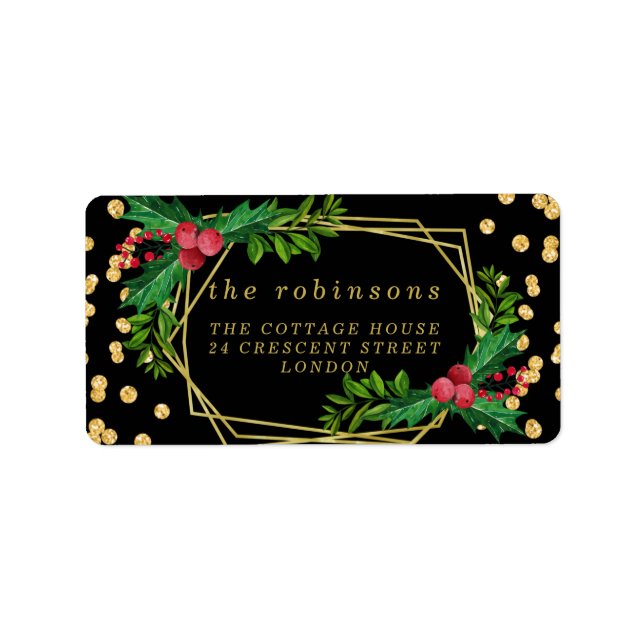 Guld Black Family God jul Holly Glitter Adressetikett (Framsidan)