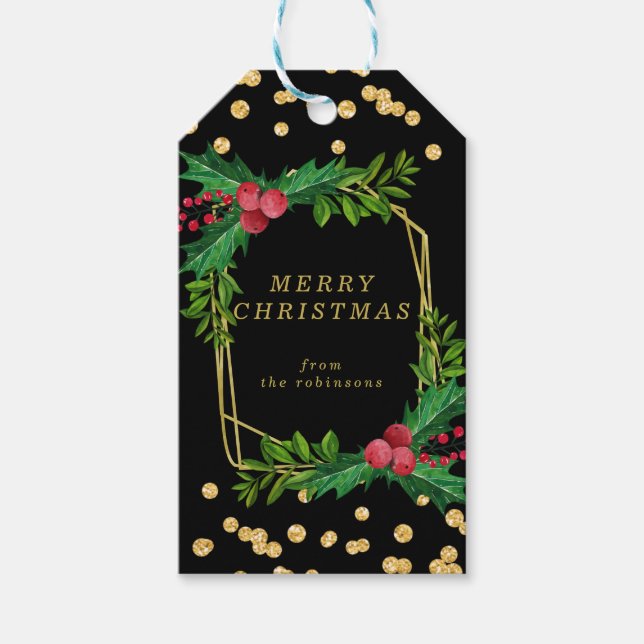 Guld Black Family God jul Holly Glitter Presentetikett (Framsidan)