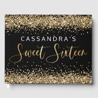 Guld Black Faux Glitter Sweet sixteen Guest Bok