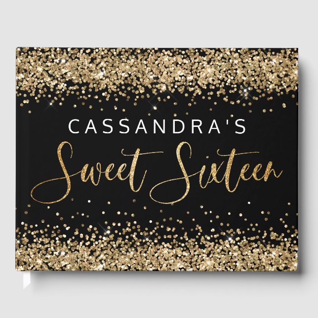 Guld Black Faux Glitter Sweet sixteen Guest Bok (Framsida)