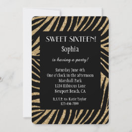 Guld black Faux Glitter Zebra Sweet sixteen Inbjudningar