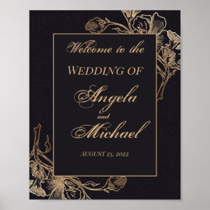 Guld Black Faux Metallic Blommigt Design Bröllop Poster