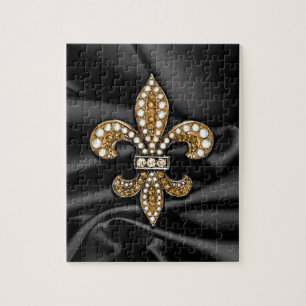 Guld Black Fleur De Lis Satin Jewel Pussel