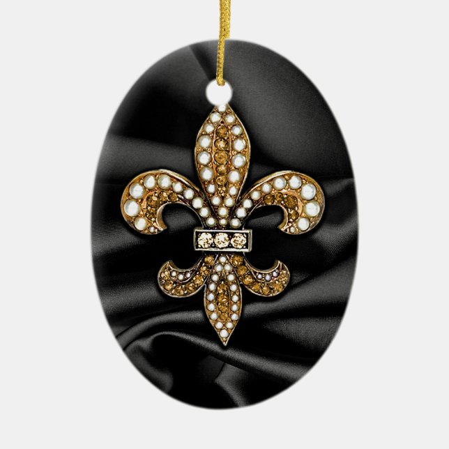 Guld Black Fleur de Lis Satin Jude Julgransprydnad Keramik (Framsidan)