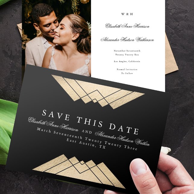Guld Black Geometric Gatsby Foil Save Date Meddelande (Skapare uppladdad)