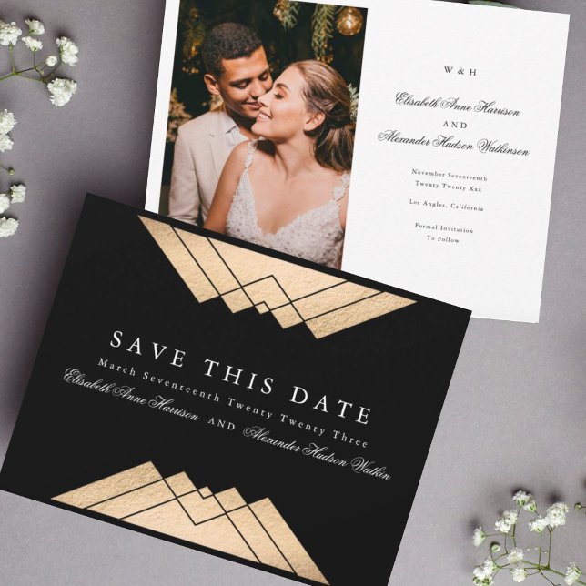Guld Black Geometric Gatsby Foil Save Date Meddelande (Skapare uppladdad)