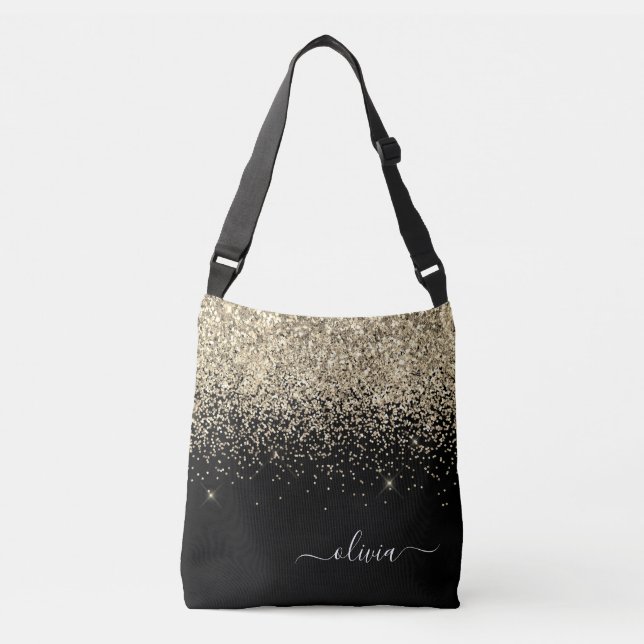 Guld Black Girly Glitter Gnistra Monogram Namn Axelväska (Framsida)