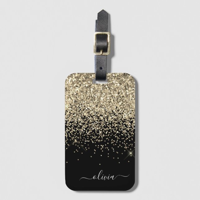 Guld Black Girly Glitter Gnistra Monogram Namn Bagagebricka (Framsida vertikal)