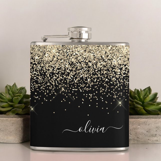 Guld Black Girly Glitter Gnistra Monogram Namn Fickplunta (Skapare uppladdad)