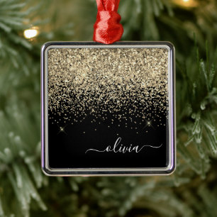 Guld Black Girly Glitter Gnistra Monogram Namn Julgransprydnad Metall