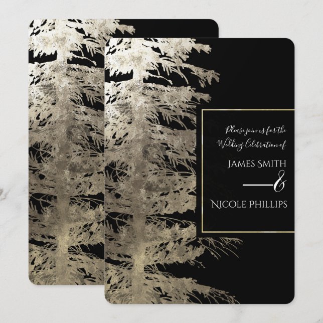 Guld & Black Glam Gräs Träd Rustic Forest Bröllop Inbjudningar (Fram/baksida)