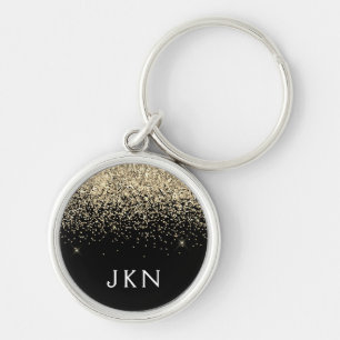 Guld Black Glitter Girly Monogram Initialer Rund Silverfärgad Nyckelring
