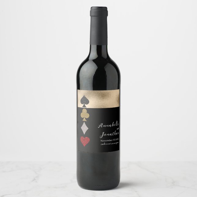 Guld & Black Glitter Las Vegas Casino Bröllop Vinflaska Etikett (Framsida)