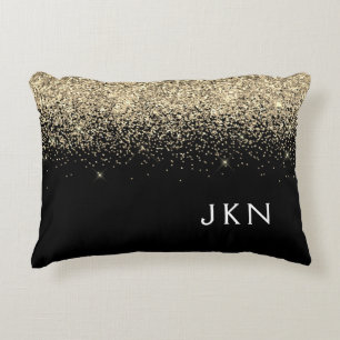 Guld Black Glitter Monogram Girly Initialer Prydnadskudde