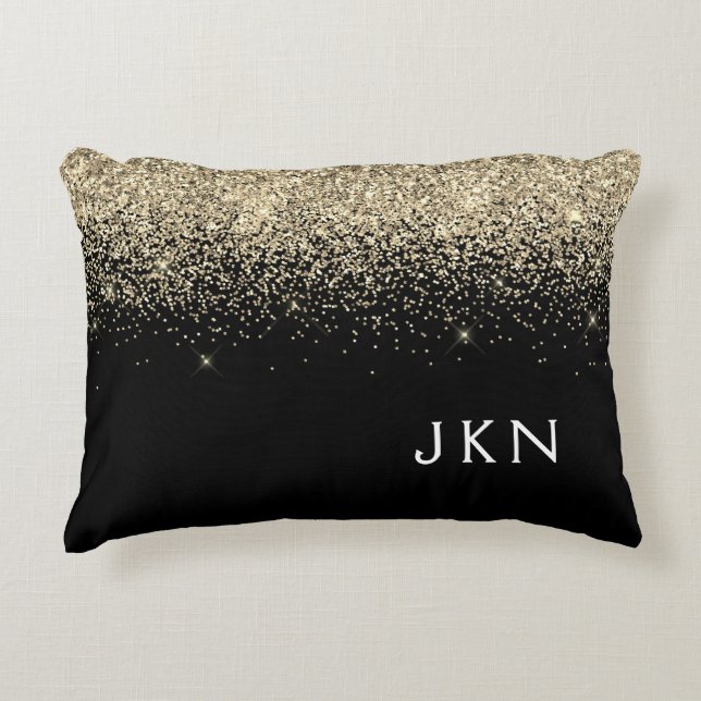 Guld Black Glitter Monogram Girly Initialer Prydnadskudde (Framsidan)