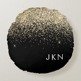 Guld Black Glitter Monogram Girly Initialer Rund Kudde